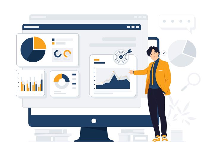 Image represents a business man visualizing data using charts generated by AI