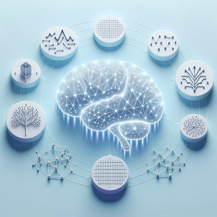 Digital brain with glowing nodes, surrounded by machine learning algorithm symbols on a gradient background